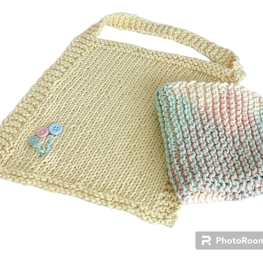 Baby Bib Set Hand Crafted Washcloth Cotton Yellow Green Unisex Floral Knit